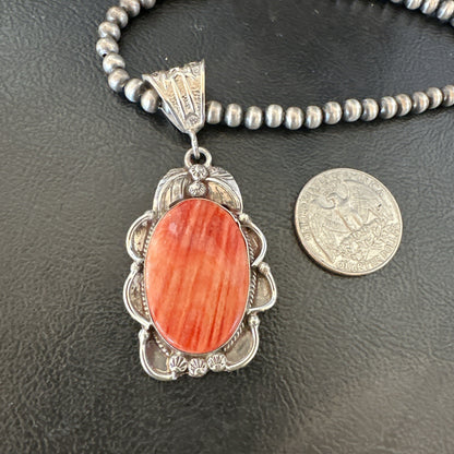 WoMens Red Spiny Oyster Pendant Navajo Sterling Silver Necklace 18366