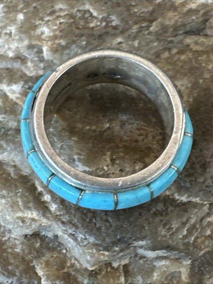 Blue Turquoise Navajo Sterling Silver Inlay Band Ring Size 7 18812