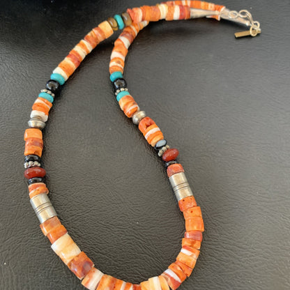 Turquoise Spiny Oyster & Coral Beads Sterling Silver Gold Necklace 10394