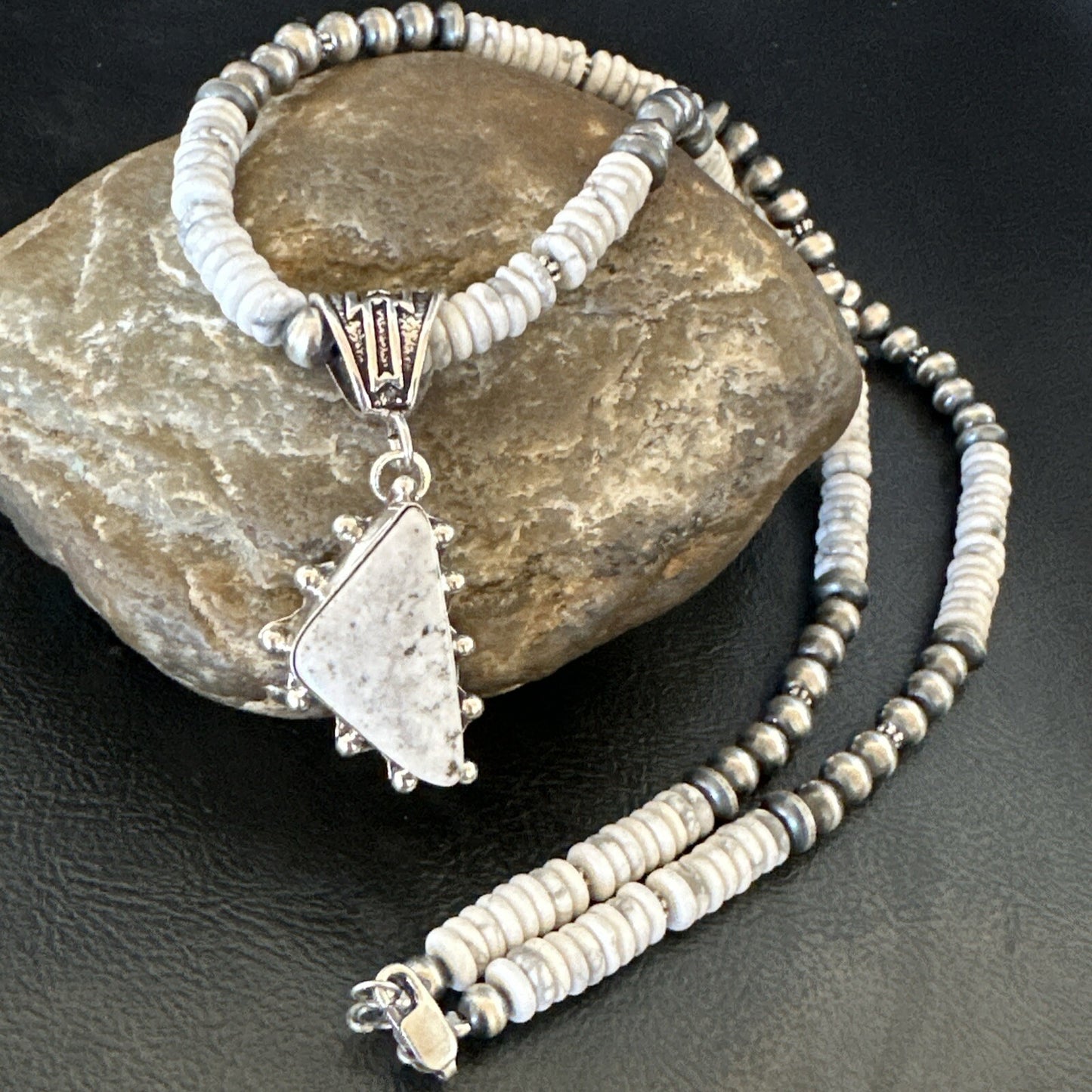 White Buffalo Turquoise Pendant Navajo Pearls Sterling Silver Necklace 22" 18255