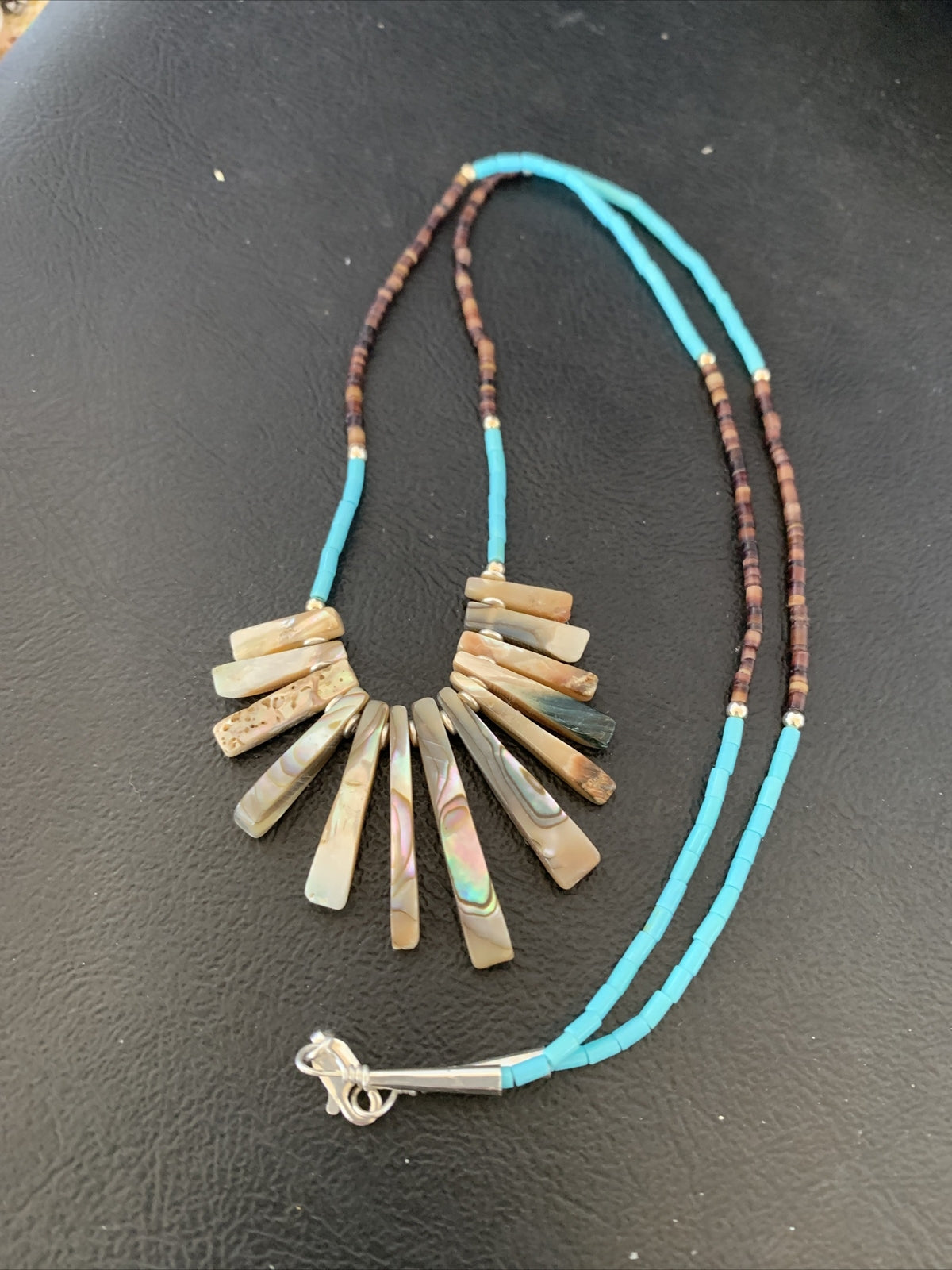 Blue Turquoise & Pava Shell Heishi Navajo Sterling Silver Necklace 01689