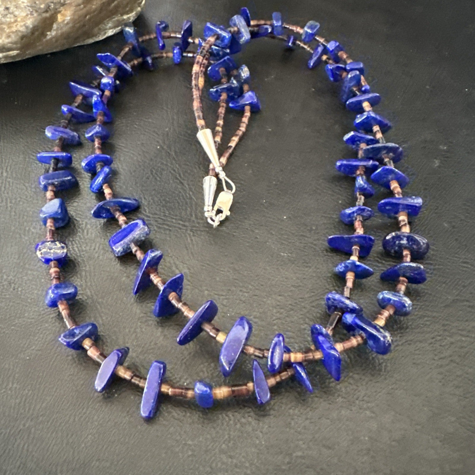 Blue Lapis Lazuli Shell Multi Strand Navajo Sterling Silver Necklace 21" 19722