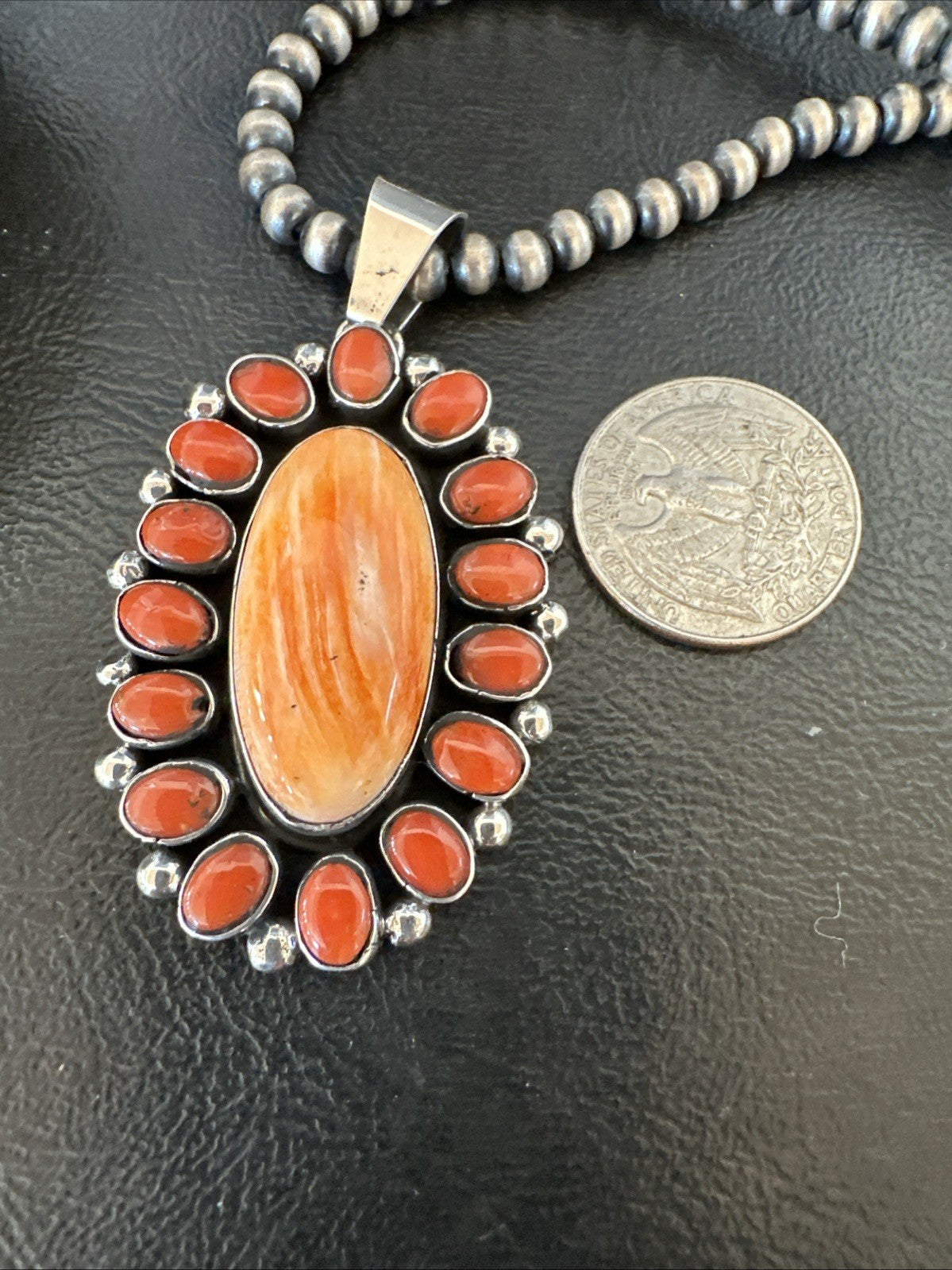 Red Coral Orange Spiny Navajo Sterling Silver Cluster Pendant Necklace 19565