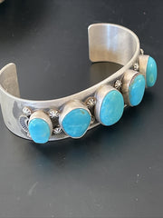 Navajo Blue Kingman Turquoise Cuff Bracelet 5 Stone Joe | Sterling Silver | Authentic Native American Handmade | 02051