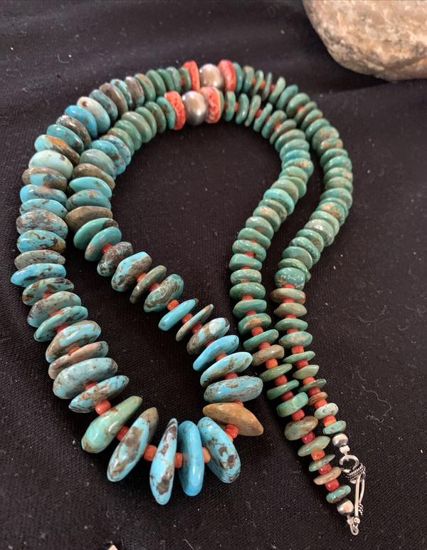 Blue Green Turquoise Spiny Oyster Navajo Necklace 28" | Sterling Silver | Authentic Native American Handmade | 01671