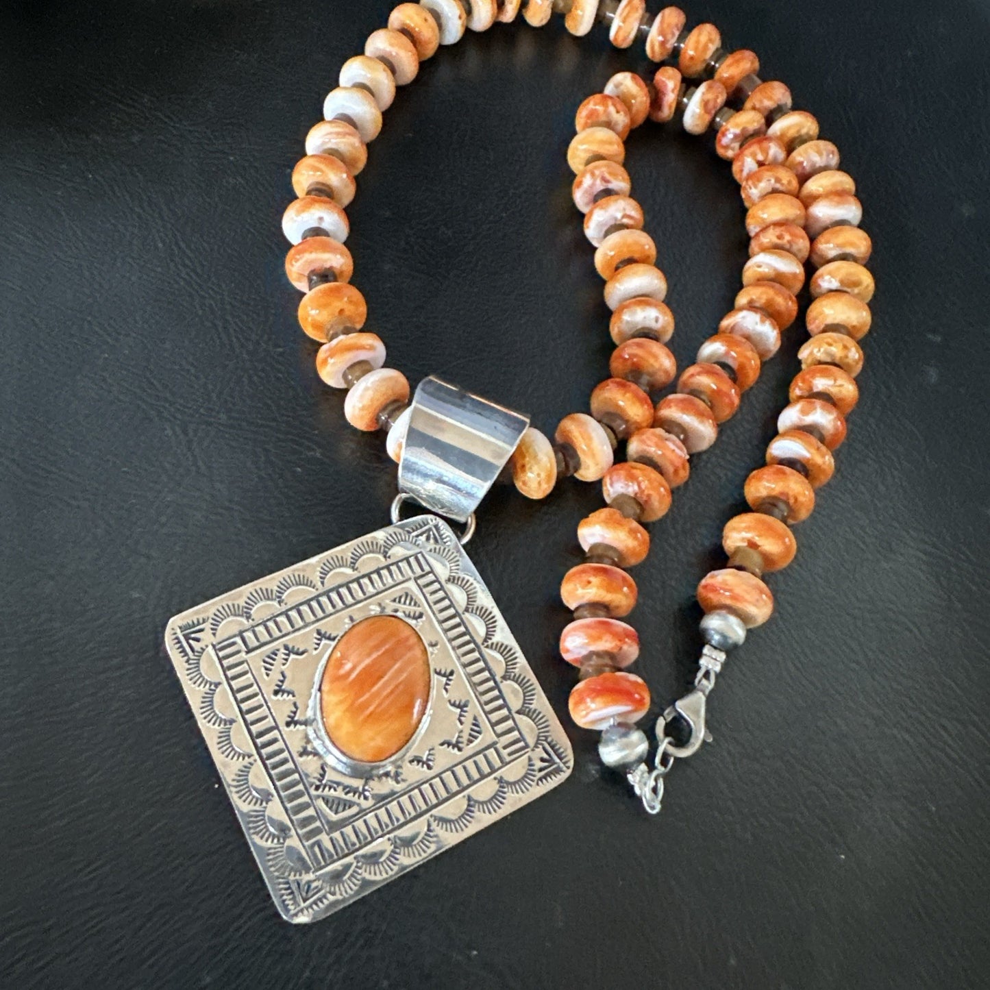 H Joe Orange Spiny Oyster Pendant Navajo Sterling Silver Necklace 19481