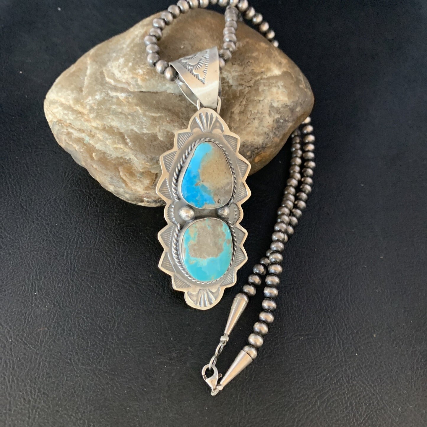 Mens Blue Kingman Turquoise 3" Pendan Sterling Silver Necklace 20" 13997N
