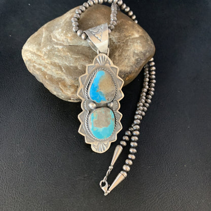 Mens Blue Kingman Turquoise 3" Pendan Sterling Silver Necklace 20" 13997N