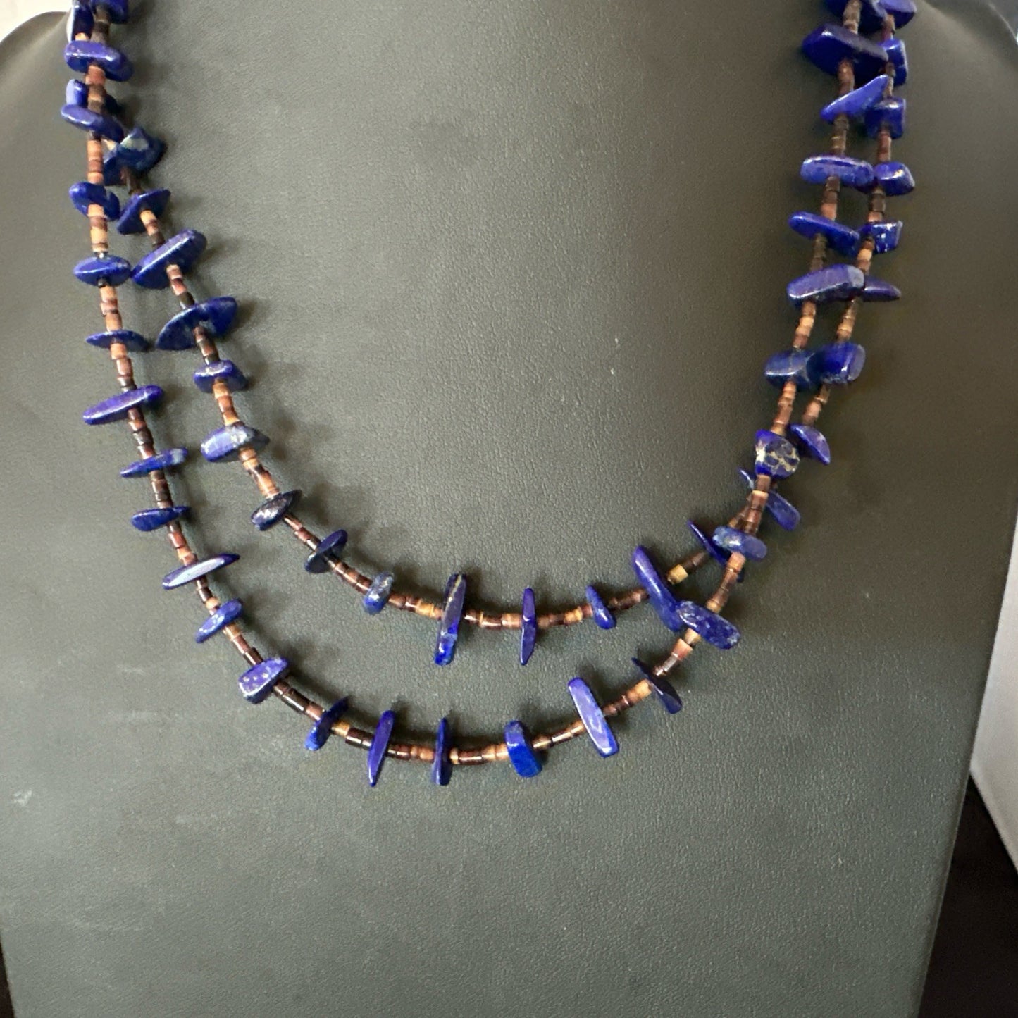 Blue Lapis Lazuli Shell Multi Strand Navajo Sterling Silver Necklace 21" 19722