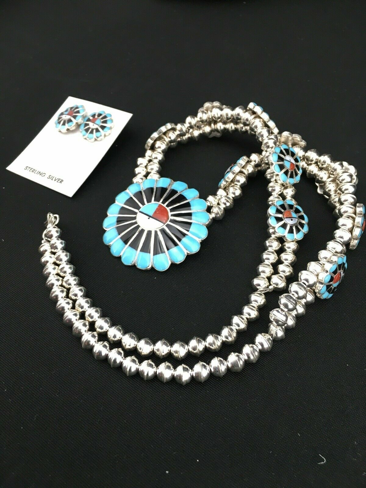 Sun Face Turquoise Inlay Zuni Sterling Silver Squash Necklace & Earrings 01308N