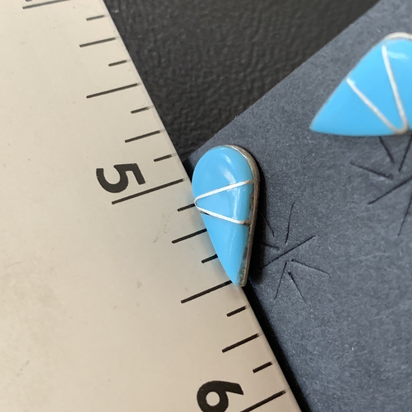 Blue Turquoise Inlay Zuni Sterling Silver Dangle Post Earrings 0.5" 12753