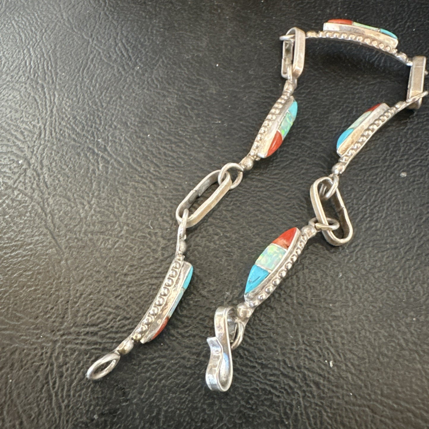 Women Oldpawn Turquoise Opal Coral Navajo Sterling Silver Link Bracelet 8” 19798