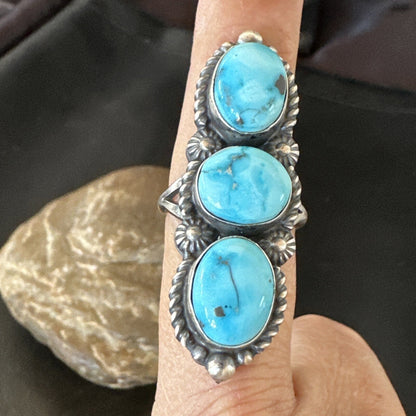 Navajo Sterling Silver Cluster Blue Turquoise 3 Stone Ring Sz 8 18597