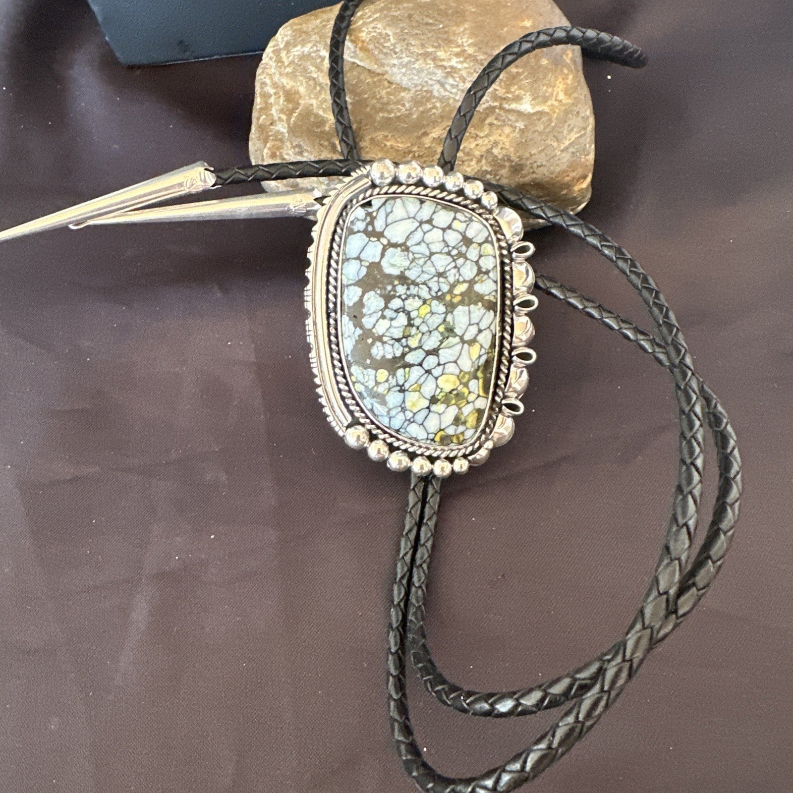 Mens BOLO TIE WHITE BUFFALO TURQUOISE Sterling Silver Navajo 2.7”19595