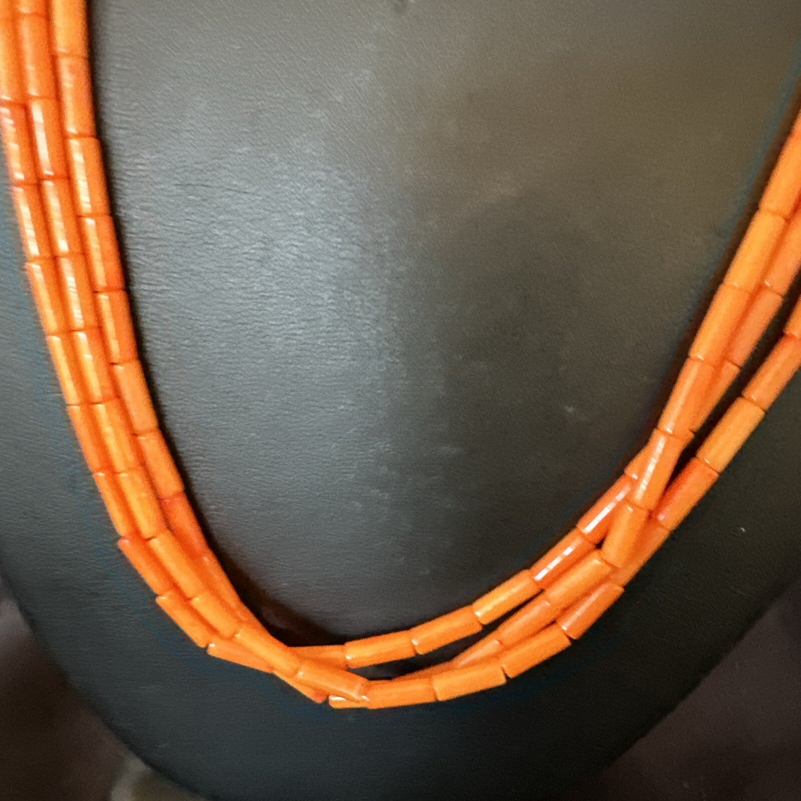 Native American Orange Coral Tubes Sterling Silver 3 Strand Necklace 21" 17821