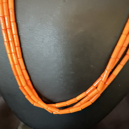 Native American Orange Coral Tubes Sterling Silver 3 Strand Necklace 21" 17821