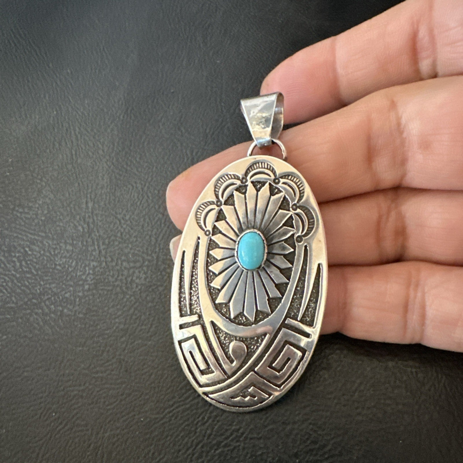 Hopi Native American Turquoise Pendant  Stamped Sterling Silver 2.5” 19686