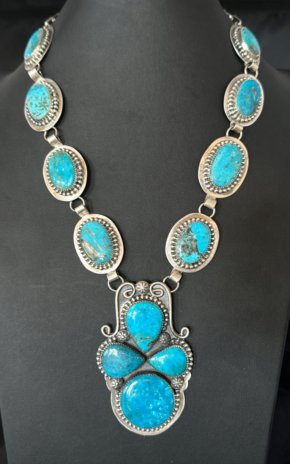 XXL Vintage Kingman Turquoise Navajo Sterling Silver Lariat Necklace 33” 19632