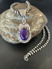 Purple Stone Pendant Navajo Pearls Necklace 20" | Sterling Silver | Authentic Native American Handmade | 18049