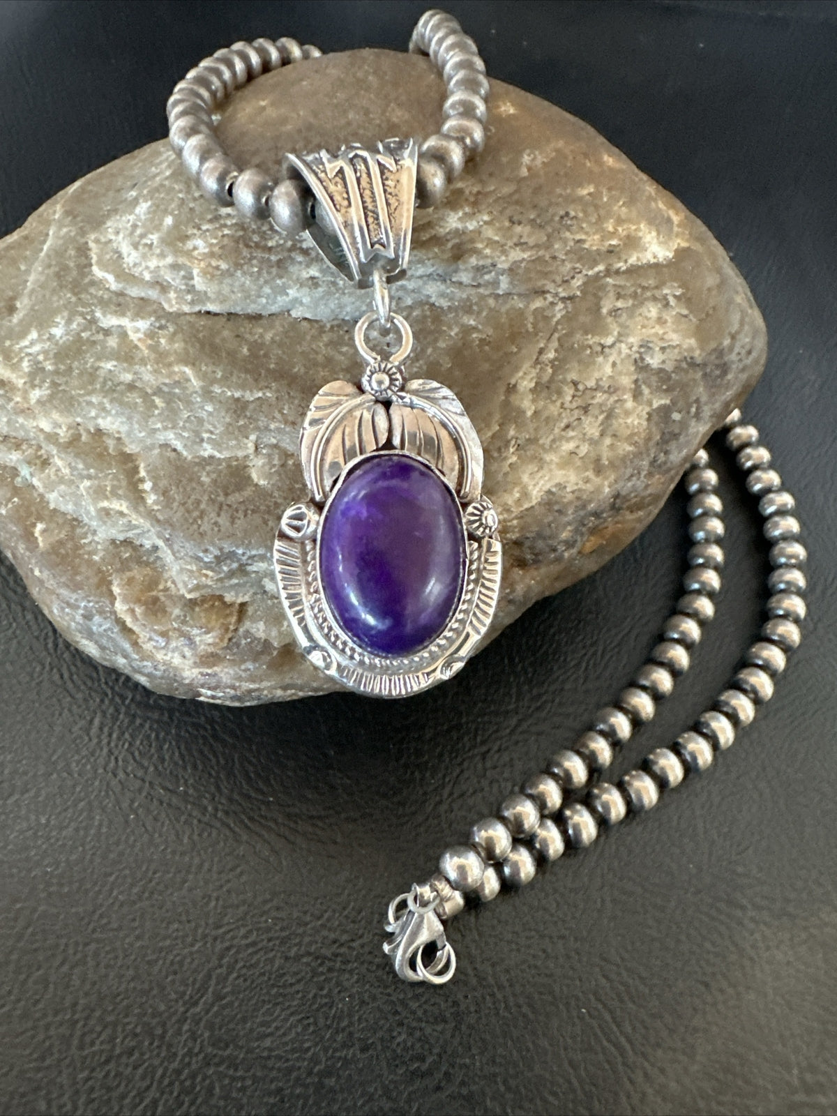 Purple Stone Pendant Navajo Pearls Sterling Silver Necklace 20” 18049