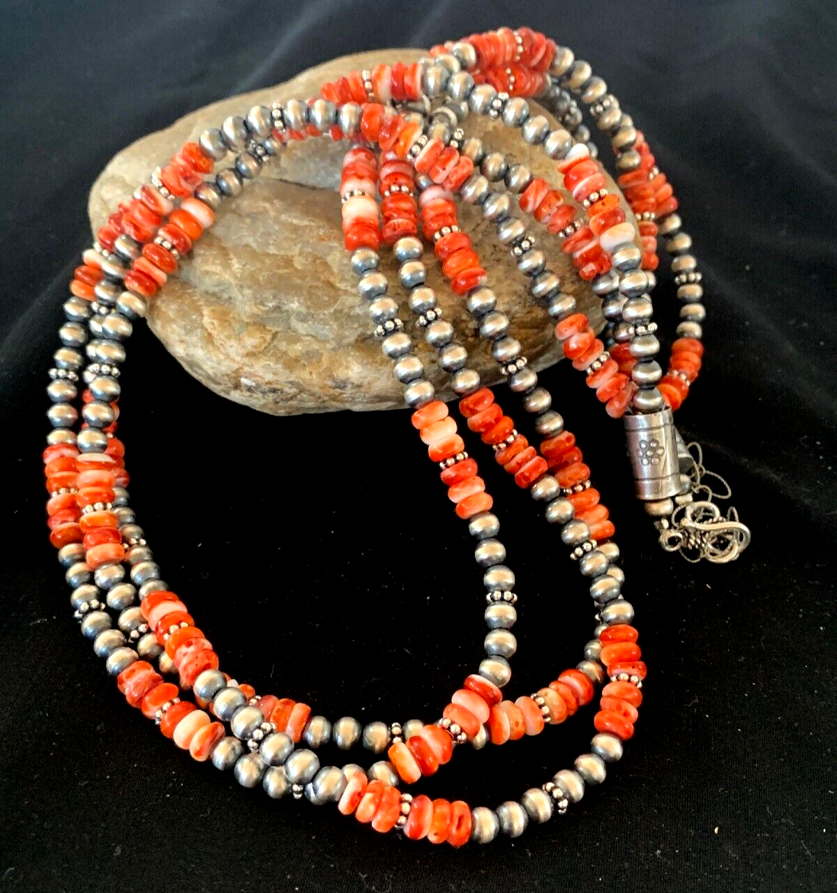 Red Spiny Oyster 3 Strands Navajo Pearls Sterling Silver Necklace 03172