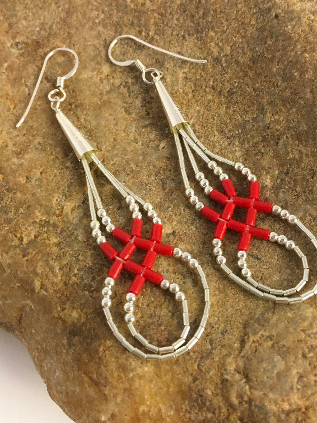 Native Red Coral Heishi Tube Liquid Sterling Silver Dangle Earrings 2" 08877