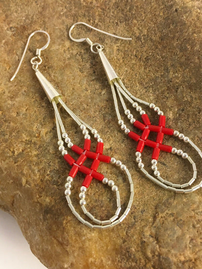 Native Red Coral Heishi Tube Liquid Sterling Silver Dangle Earrings 2" 08877