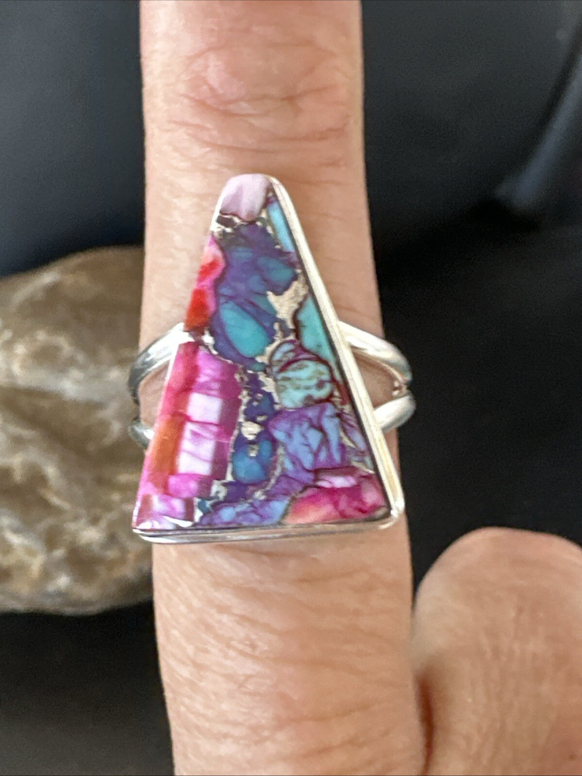 Blue Turquoise Spiny Oyster Southwestern Sterling Silver Ring Size 9 18544