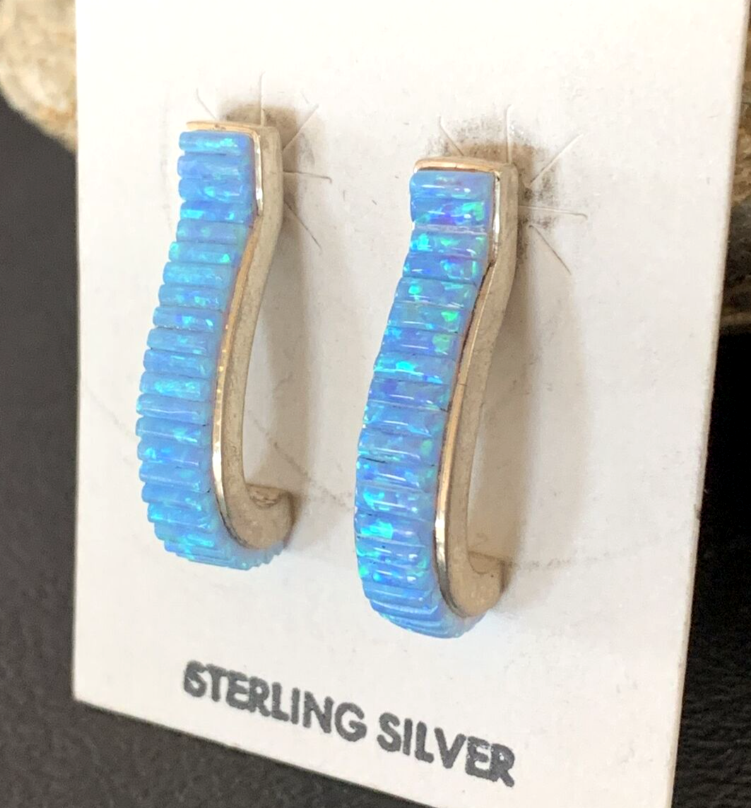 Blue Opal Inlay Navajo Sterling Silver Hoop Earrings 1" 1718