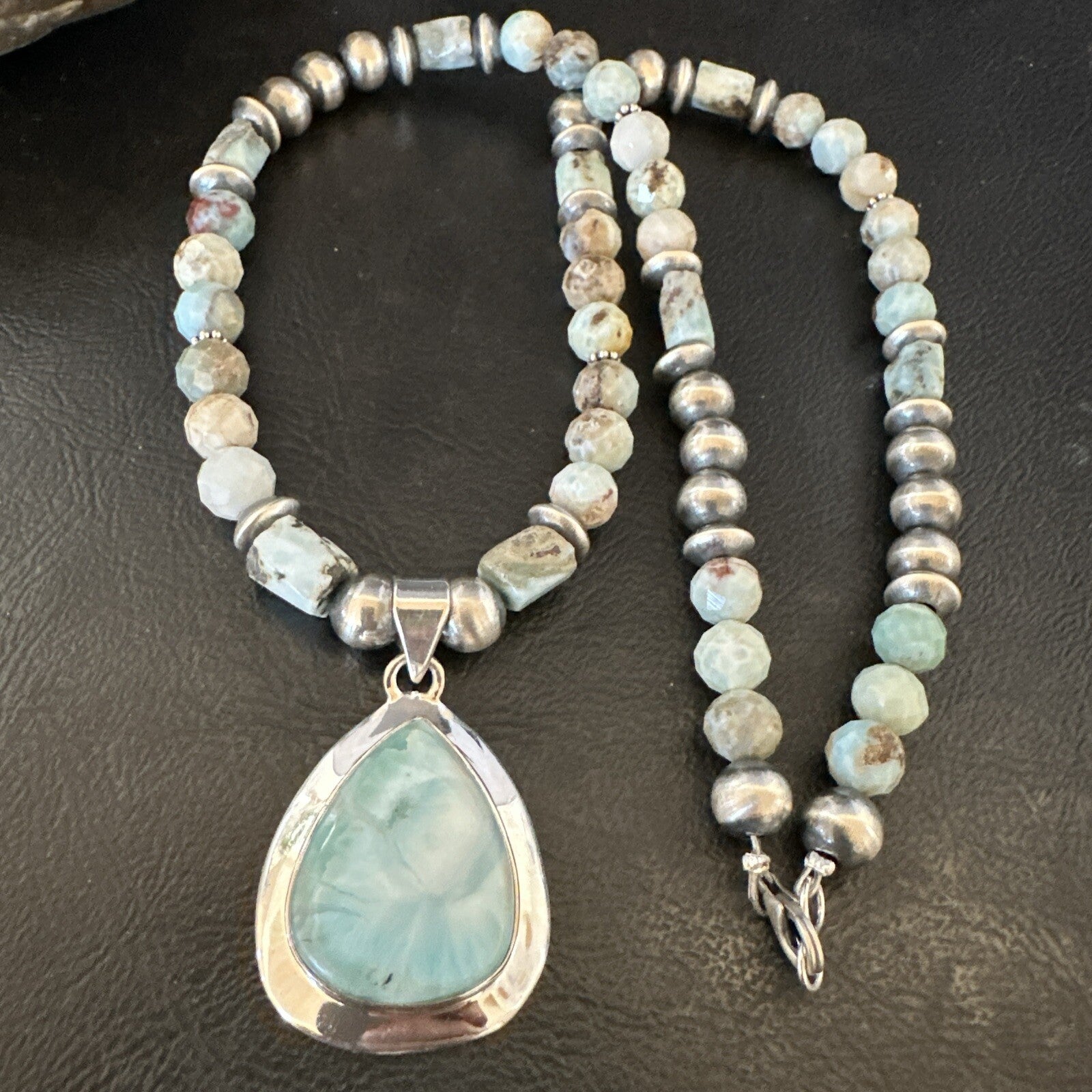 Blue Larimar Pendant Navajo Sterling Silver Natural Necklace 21" 17759