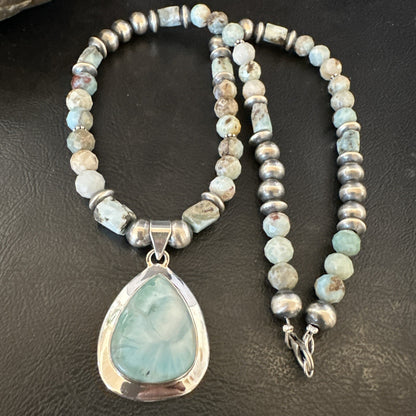 Blue Larimar Pendant Navajo Sterling Silver Natural Necklace 21" 17759