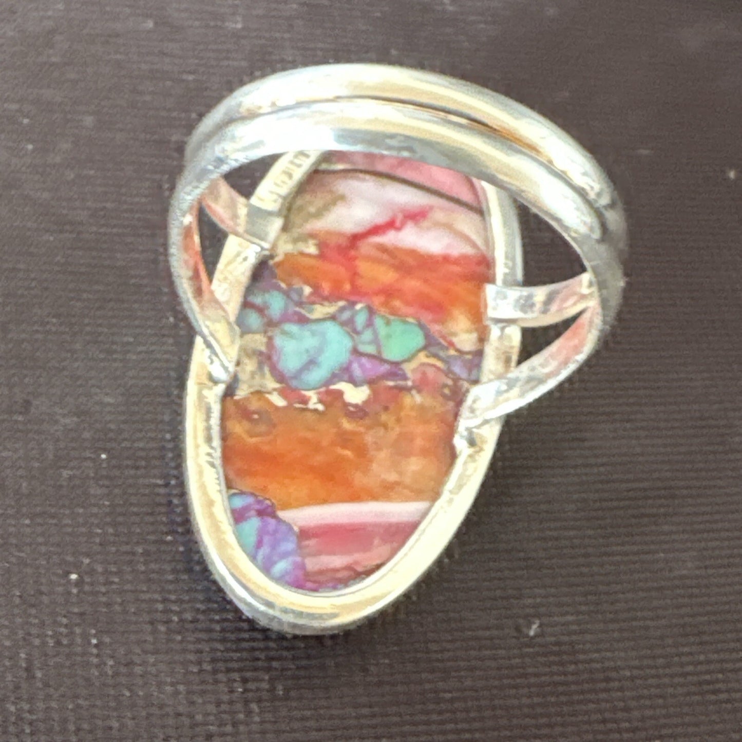 Blue Turquoise Orange Spiny Oyster Navajo Sterling Silver Ring Size 7 18212