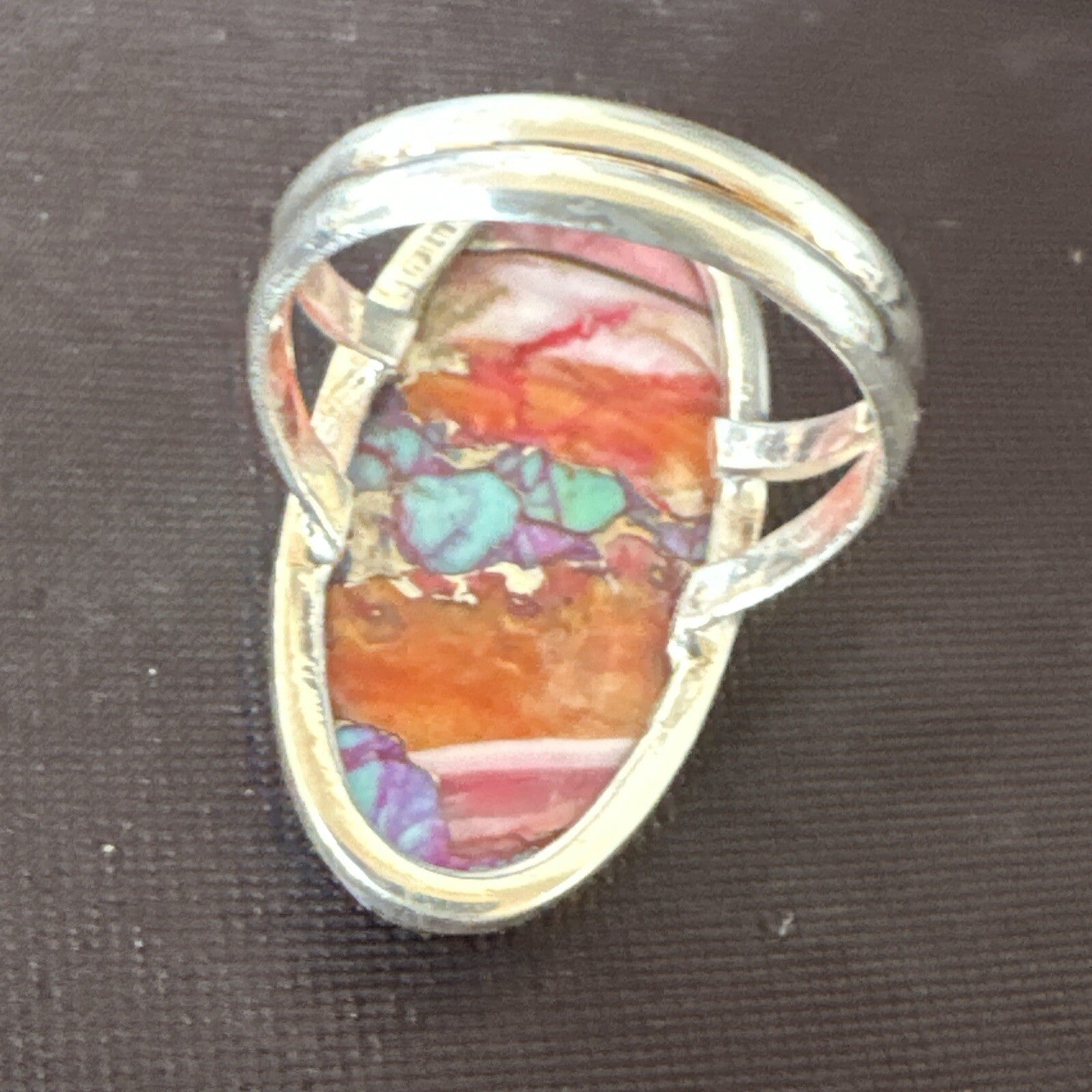 Blue Turquoise Orange Spiny Oyster Navajo Sterling Silver Ring Size 7 18212