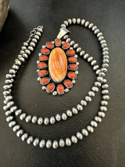 Red Coral Orange Spiny Navajo Sterling Silver Cluster Pendant Necklace 19565