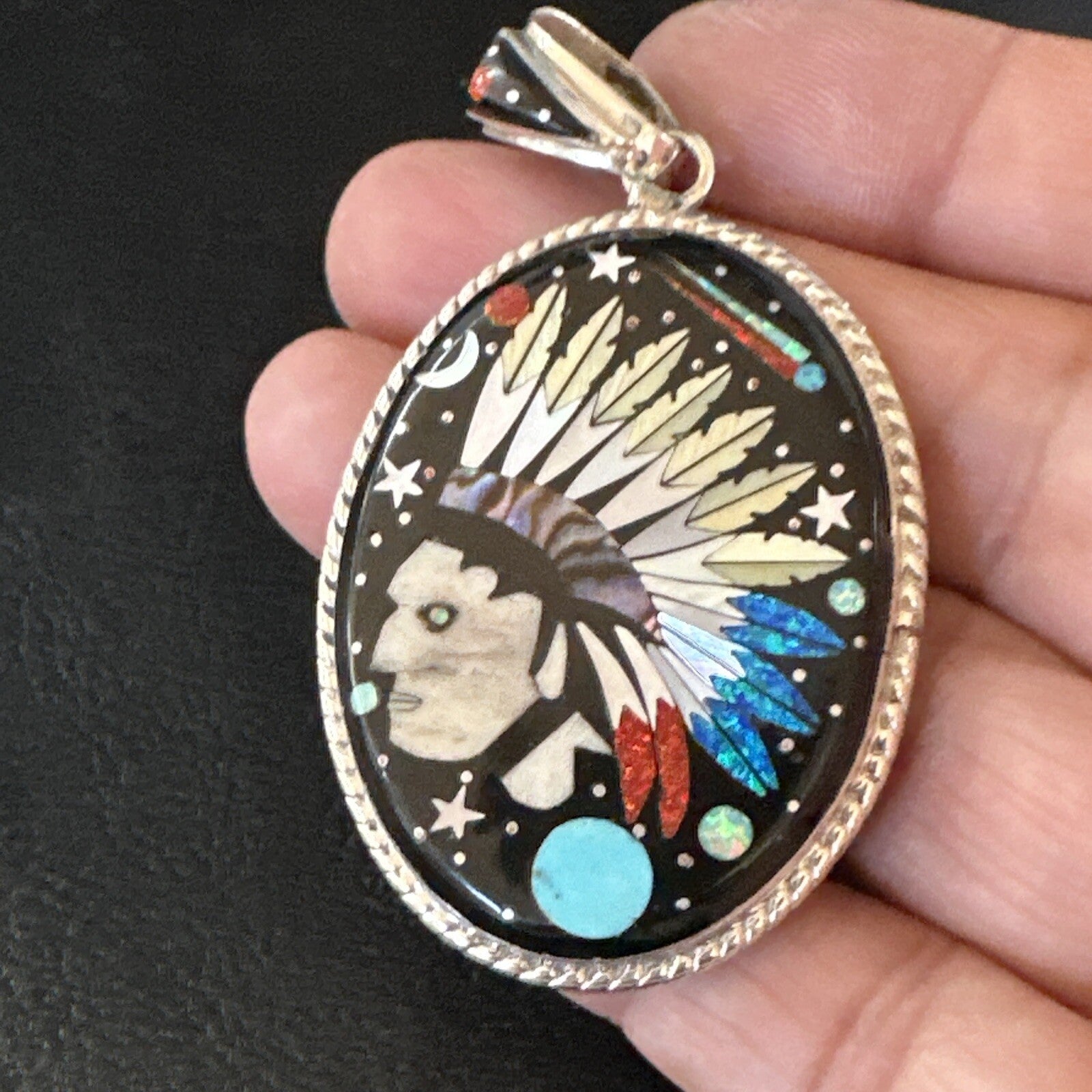 Turquoise Navajo Sterling Silver IndianHead MultiColor Inlay Pin Pendant 15156