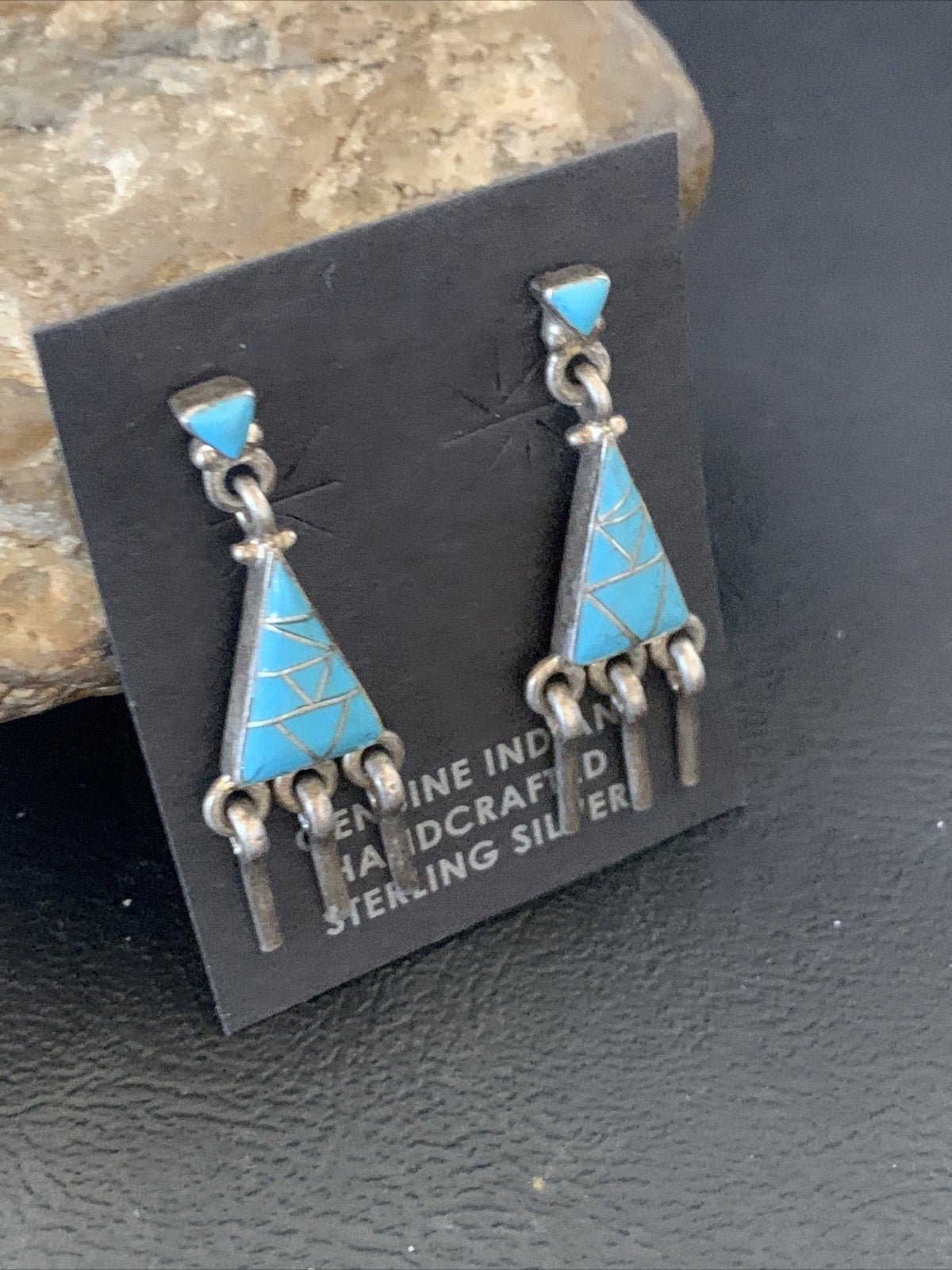 Blue Turquoise Inlay Zuni Sterling Silver Dangle Post Earrings 1.5" 12745