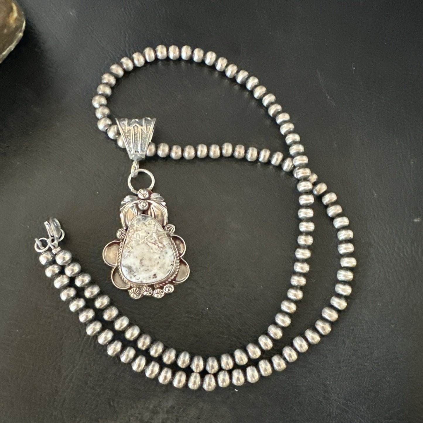 White Buffalo Turquoise Pendant  Sterling Silver Beads Necklace 17986