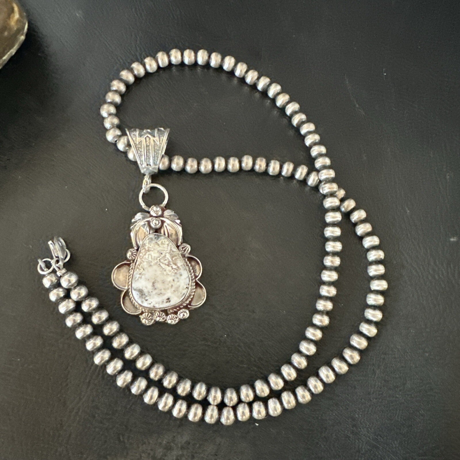 White Buffalo Turquoise Pendant  Sterling Silver Beads Necklace 17986