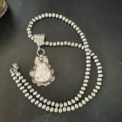 White Buffalo Turquoise Pendant  Sterling Silver Beads Necklace 17986