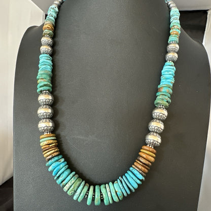WoMens Blue Green Turquoise Navajo Sterling Silver Necklace 24” 19492