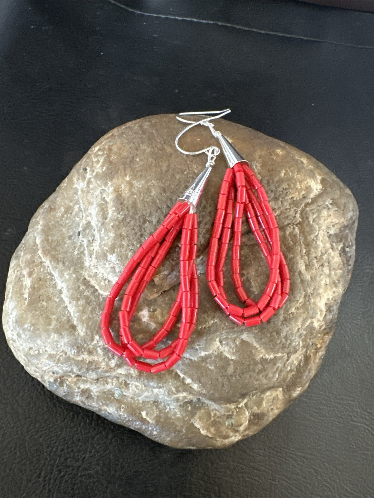 Native Red Coral Heishi 3S Tube Liquid Sterling Silver Dangle Earrings 2" 18198