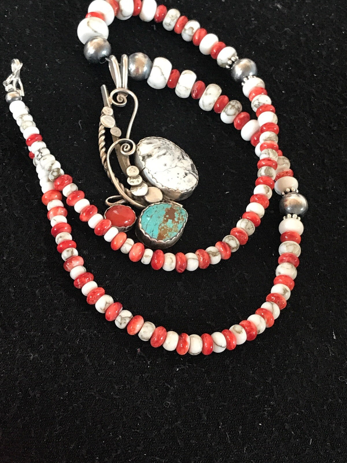 Blue Turquoise Spiny Oyster Pendant Pearls Sterling Beads Silver Necklace 8644