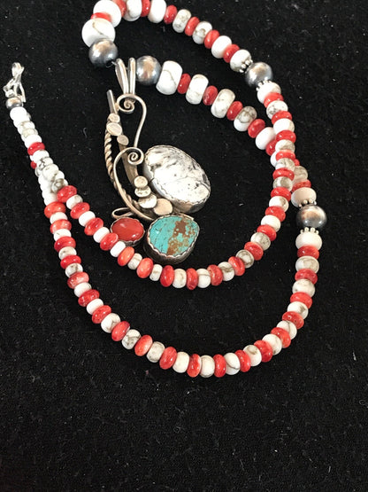 Blue Turquoise Spiny Oyster Pendant Pearls Sterling Beads Silver Necklace 8644