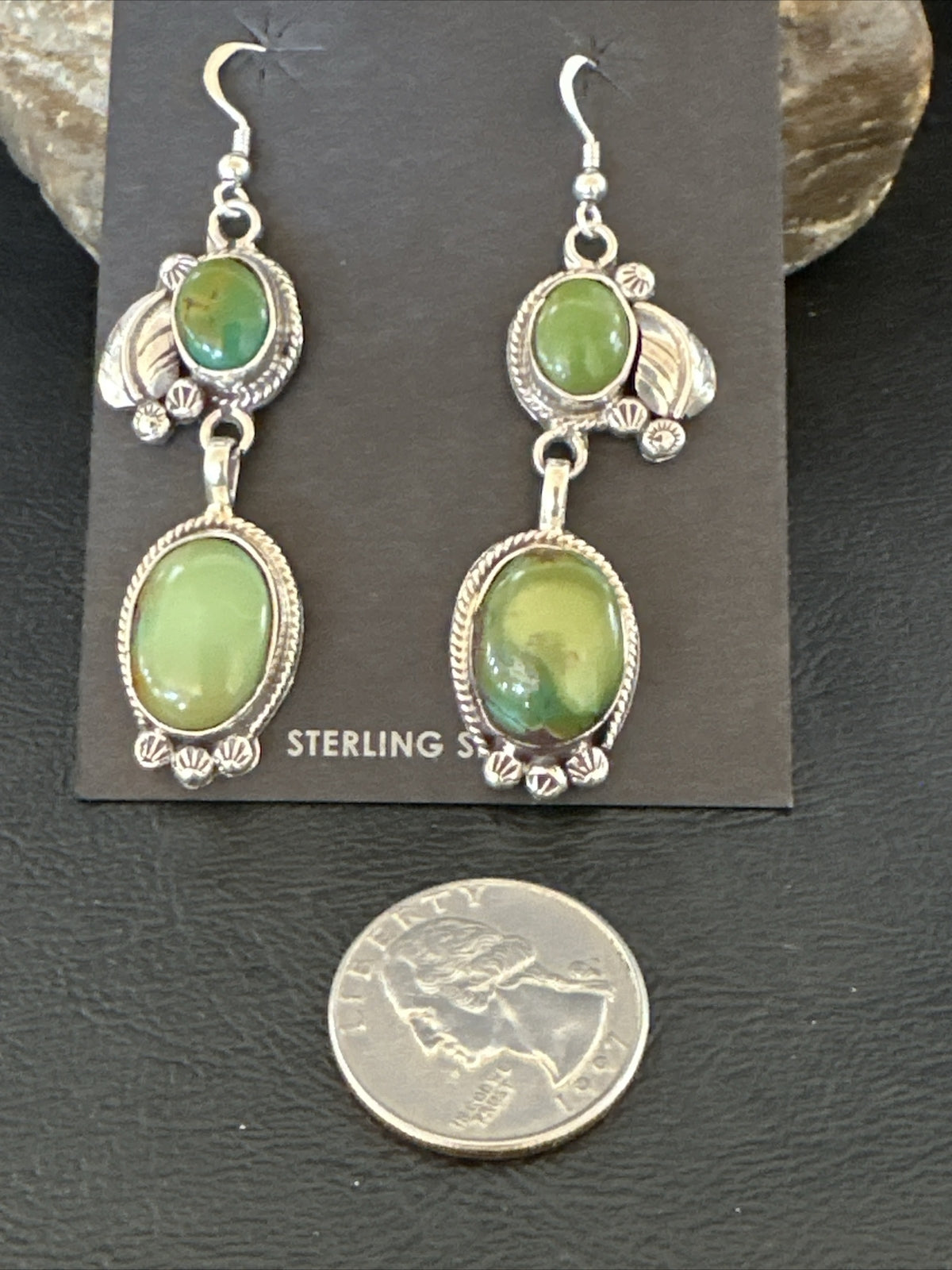 Native Navajo Green Turquoise Sterling Silver Dangle Earrings 2” 17697