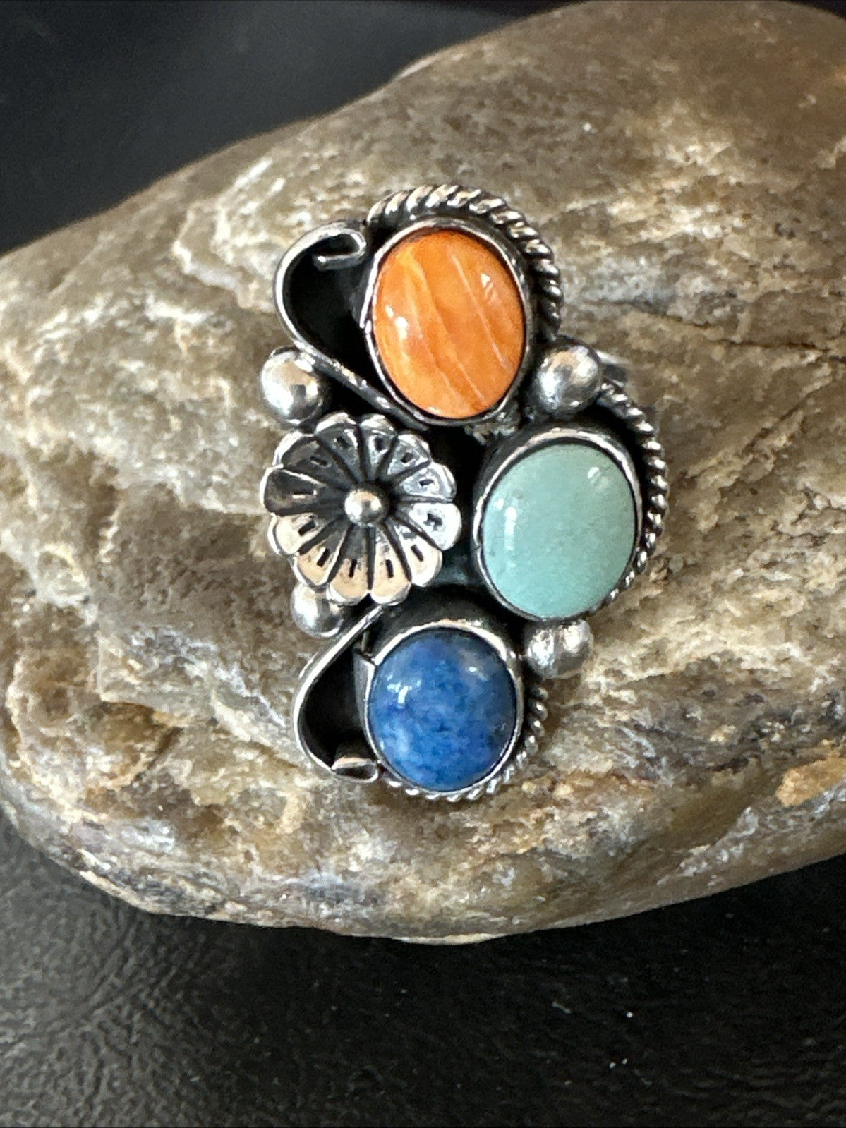 Multicolor Ring Turquoise Spiny Navajo Sterling Silver Cluster Size 8.5 19189