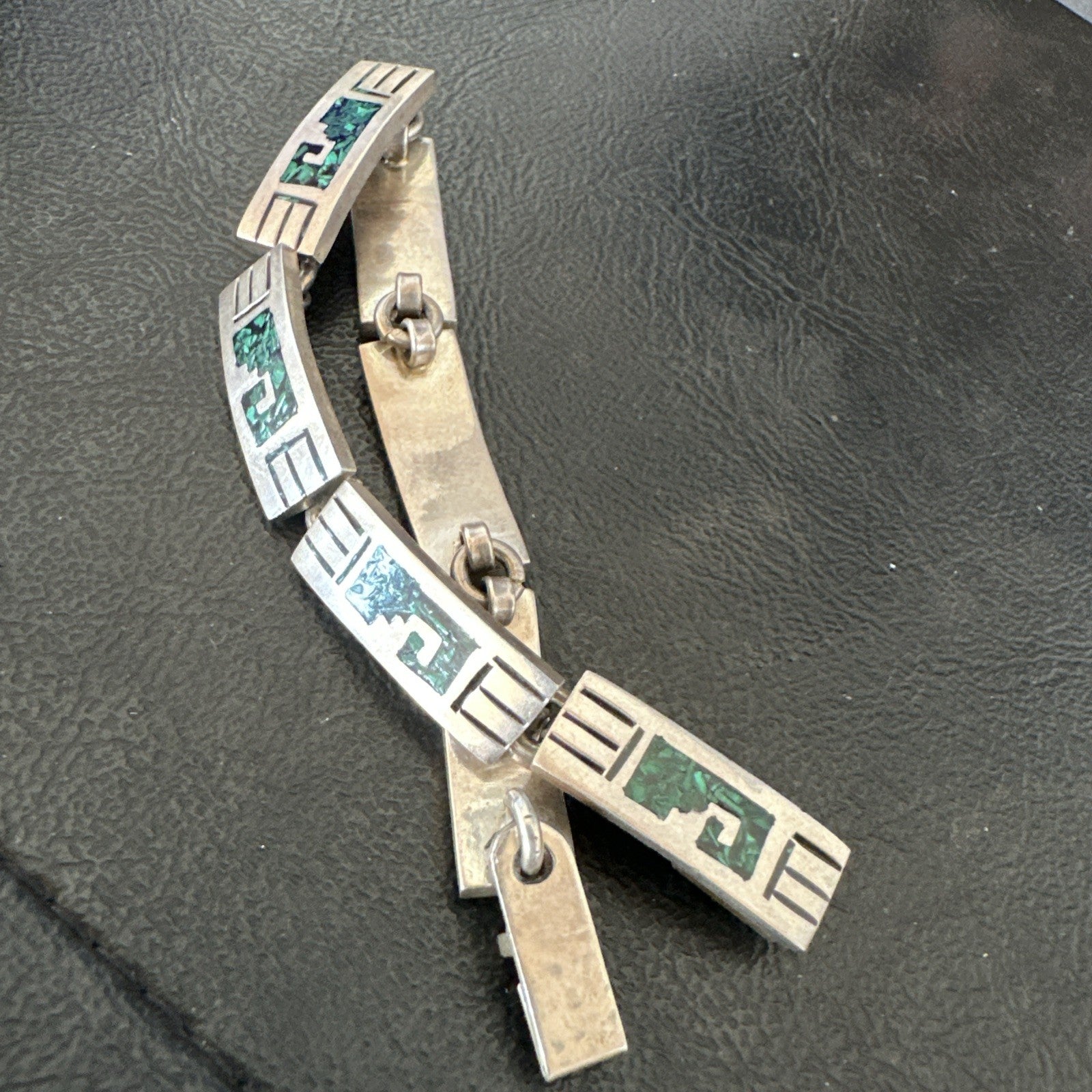 Taxco Turquoise Chip Inlay Sterling Silver Choker Old Pawn Bracelet 7” 19795
