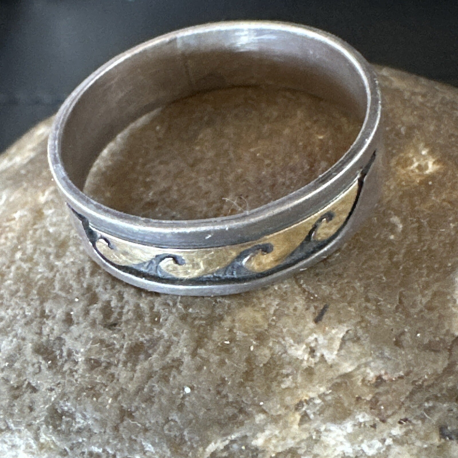 Mens Wedding Band Navajo Stamped 14K Gold Sterling Silver Ring Sz 12 17968
