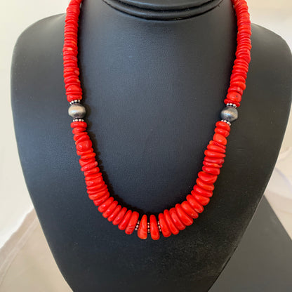 Red Coral Graduated Navajo Pearls Sterling Silver Bead Necklace 18" 01950
