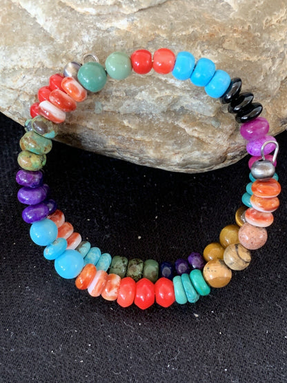 Turquoise Coral Tigers Eye Onyx Navajo Stainless Memory Wire Bracelet 00515