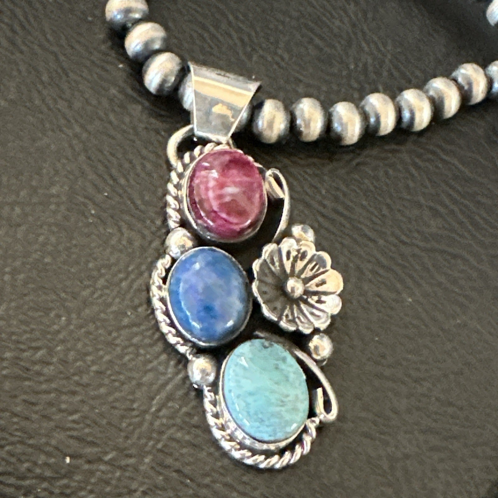 Multicolor Turquoise Spiny Navajo Sterling Silver Cluster Pendant Necklace 19312